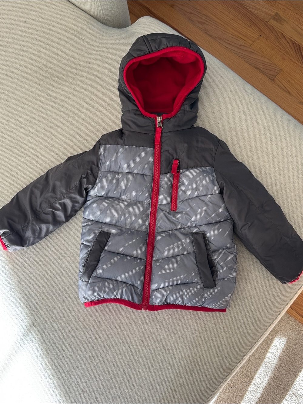 Snozu Gray Puffer Jacket with Red Trim Hood
